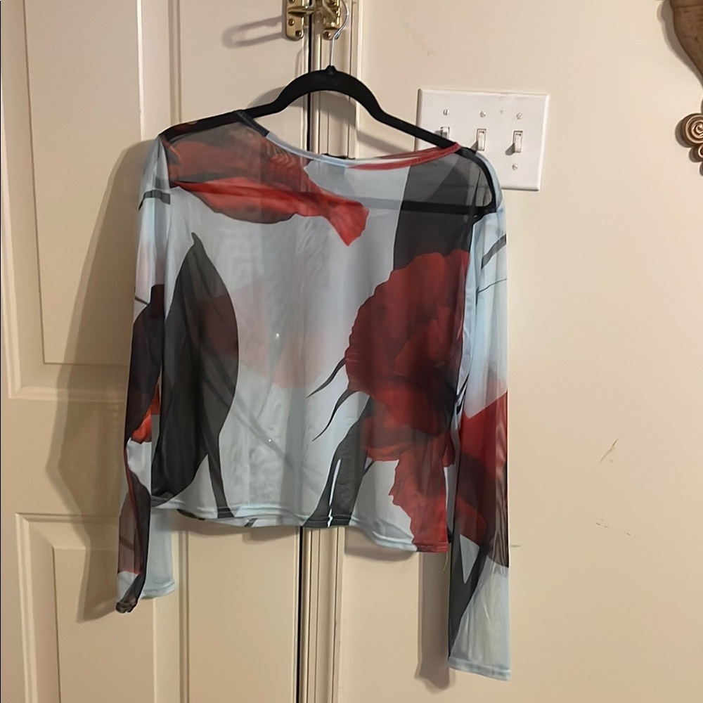 Floral Sheer Long Sleeve Top - Red and Blue